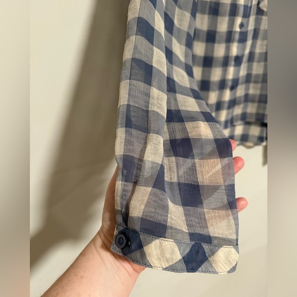 Free People Blue Gingham Plaid Sheer Button-Up Shirt Size Medium Cottage Preppy - Picture 4 of 10